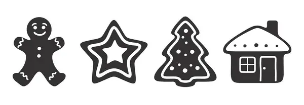 圣诞姜饼饼干 一组白色背景上孤立的姜饼的黑色轮廓 矢量说明 图库插图