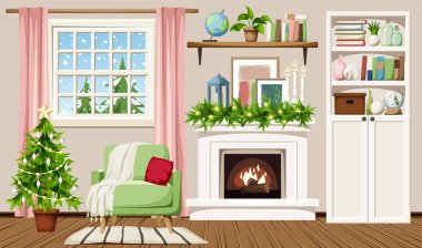 İçinde şömine, Noel ağacı, koltuk, kitaplık ve pencerenin önünde kar yağışı olan bir Noel salonu. Samimi Noel sabahı iç tasarımı. Vektör illüstrasyonu