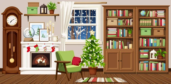 Weihnachten Wohnzimmer Interieur Mit Einem Kamin Einem Weihnachtsbaum Einem Sessel — Stockvektor