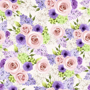 Seamless background with pink, purple, and white roses, lisianthus flowers, and lilac flowers. Vector floral pattern clipart