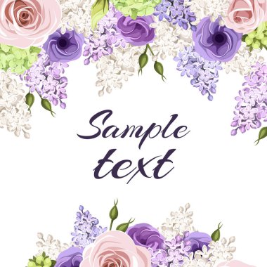 Pembe, mor, beyaz güller, lisianthus çiçekleri ve leylak çiçekleriyle dolu bir tebrik kartı. Vektör kartı tasarımı