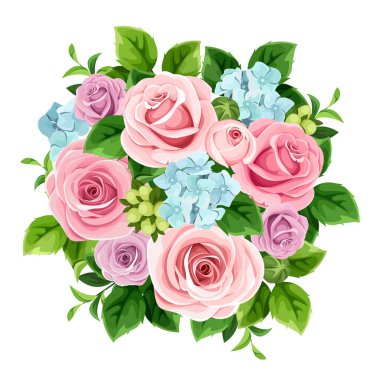 Pembe gül çiçekleri ve beyaz arka planda izole edilmiş mavi ortanca çiçekleri. Vektör çiçek buketi