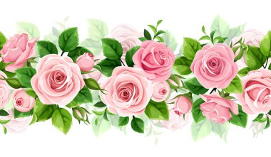 Çiçeksiz, pembe gül çiçekleri ve yeşil yapraklı bir çelenk. Vektör yatay pürüzsüz kenar