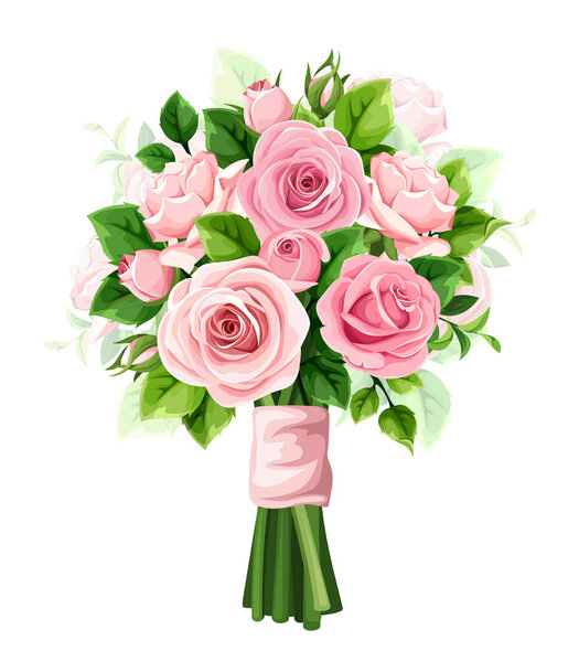 Bouquet of pink rose flowers and green leaves isolated on a white background. Vector illustration