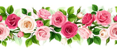 Kırmızı, pembe, beyaz gül çiçekleri ve yeşil yapraklı çiçeksiz çelenk. Vektör yatay pürüzsüz kenar
