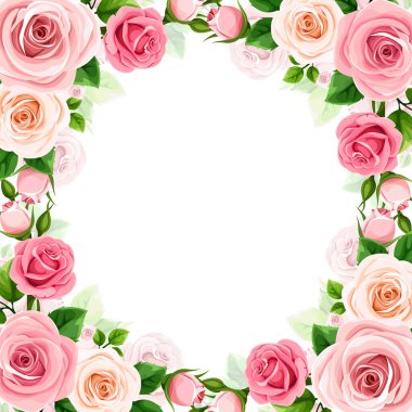 Üzerinde pembe ve beyaz gül çiçekleri olan çiçek deseni. Vektör gül kart tasarımı