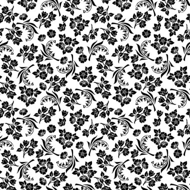 Çiçeksiz desenli, küçük çiçekler ve yapraklı. Vektör siyah ve beyaz çiçek izi