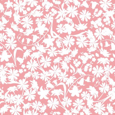 Çiçeksiz desenli, pembe arka planda beyaz çiçekli siluetler. Vektör çiçek izi