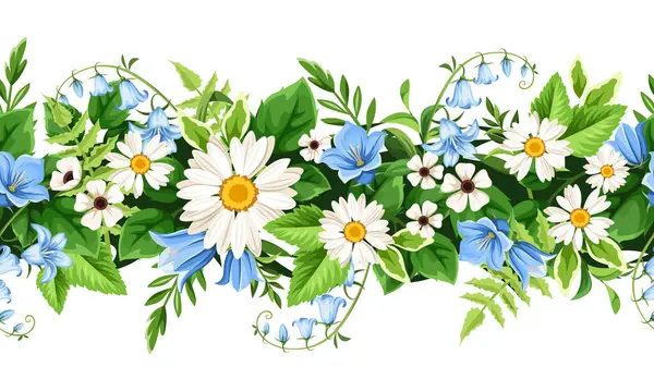 Çiçeksiz çelenk, beyaz ve mavi papatya ve BlueBell çiçekleri ve yeşil yapraklar. Yaban çiçekleriyle yatay ve pürüzsüz sınır