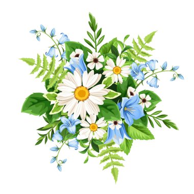 Yabani çiçekler. Papatya buketi, mavi çan çiçekleri, eğrelti otu ve yeşil yapraklar beyaz arka planda izole edilmiş. Vektör illüstrasyonu