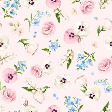 Pembe, beyaz ve mavi nonoşlar, nilüferler, vadilerin zambakları ve pembe arka planda 