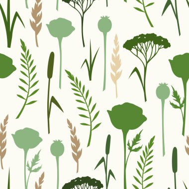 Çiçeksiz desenli, yabani çiçekler ve otlu siluetler. Vektör yeşil ve bej çiçekli iz
