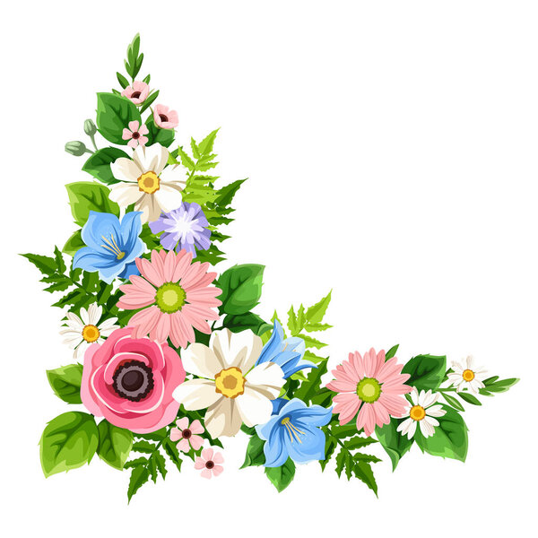Flores Borde Esquina Flores Color Rosa Blanco Azul Púrpura Elementos — Vector de stock
