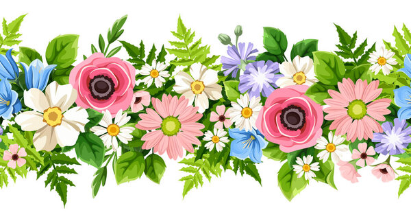 Guirnalda Sin Costura Floral Con Flores Color Rosa Blanco Azul — Vector de stock
