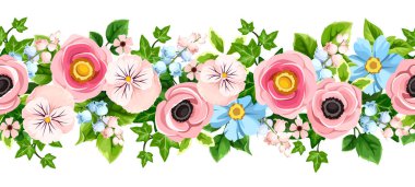 Çiçeksiz, pembe, mavi ve yeşil yapraklı bir çelenk. Bahçe çiçekleriyle yatay ve pürüzsüz sınır