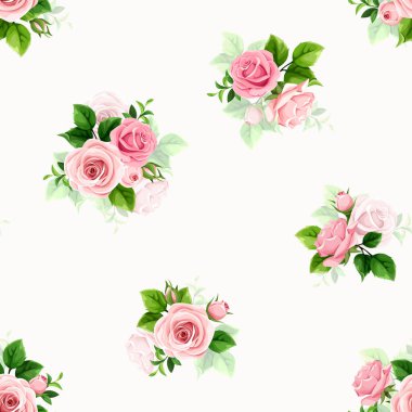 Çiçeksiz desenli, beyaz arka planda küçük pembe gül çiçekleri. Vektör vintage çiçek deseni