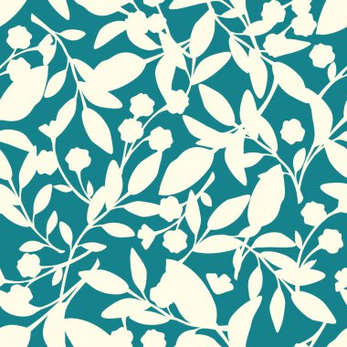 Beyaz çiçekli çiçek deseni ve mavi arka planda siluetler. Vektör dikişsiz çiçek izi