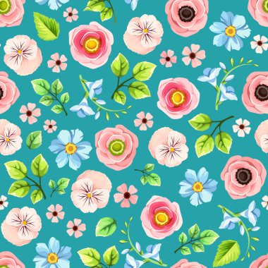 Pembe ve mavi çiçekli ve mavi arka planda yeşil yapraklı kusursuz çiçek deseni. Vektör çiçek izi