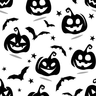 Cadılar bayramı balkabakları, yarasalar ve yıldızlarla kusursuz bir şablon. Vektör siyah beyaz Cadılar Bayramı baskısı