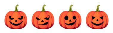 Beyaz arka planda izole edilmiş balkabağı fenerleri (Halloween balkabakları). Vektör çizimleri kümesi