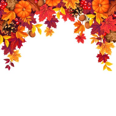 Renkli sonbahar yaprakları, balkabakları ve konileri olan arkaplan çerçevesi. Vektör dekoratif kenar