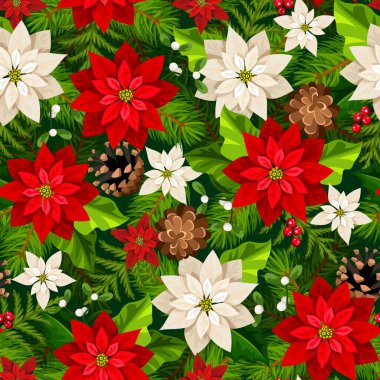 Kırmızı ve beyaz noktalı Noel çiçekleri, çam kozalakları ve köknar dalları. Vektörsüz Noel baskısı