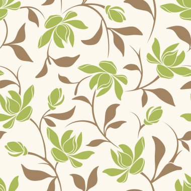 Manolya çiçekli çiçek deseni. Yeşil ve bej renksiz çiçek deseni. Vektör illüstrasyonu