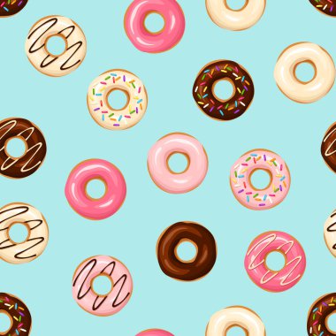 Kusursuz desenli, mavi arka planda renkli donutlar. Vektör yiyecek izi