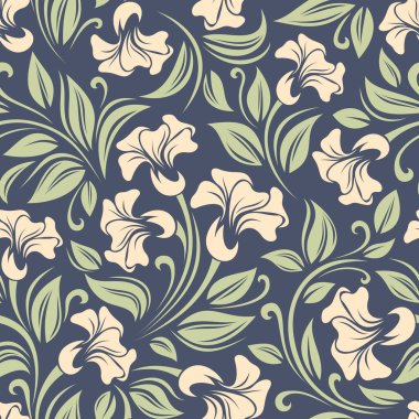 Pembe çiçekli ve mavi yapraklı klasik çiçek deseni. Vektörsüz arkaplan