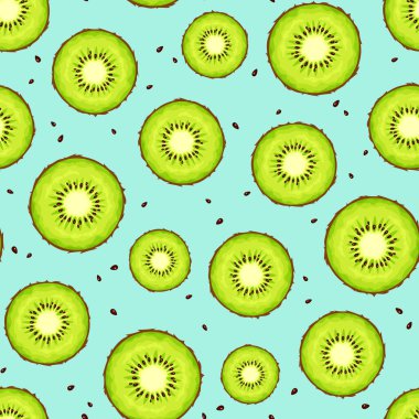Yeşil kivi dilimleri ve mavi arka planda tohumlarla kusursuz desen. Vektör meyve izi