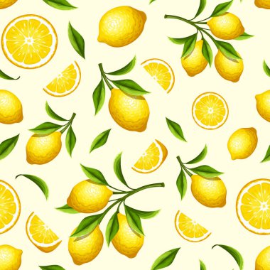Sarı limon ve limon dallarıyla kusursuz desen. Vektör meyve izi