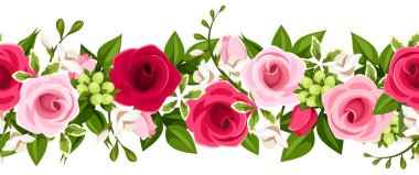 Kırmızı ve pembe güller, frezya çiçekleri ve yeşil yapraklarla yatay, pürüzsüz bir sınır. Çiçeksiz çiçek çelengi.