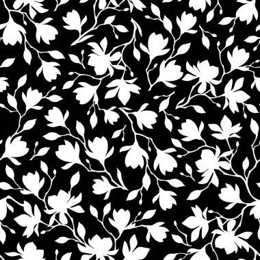 Manolya çiçekli çiçek deseni. Manolya dalları siluetleriyle kusursuz desen. Siyah ve beyaz vektörsüz çiçek deseni