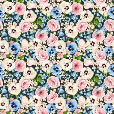 Pembe, beyaz ve mavi nonoş çiçekleriyle kusursuz çiçek desenleri, lisianthus çiçekleri, çan çiçekleri ve unutma beni çiçekleri. Vektör çiçek izi