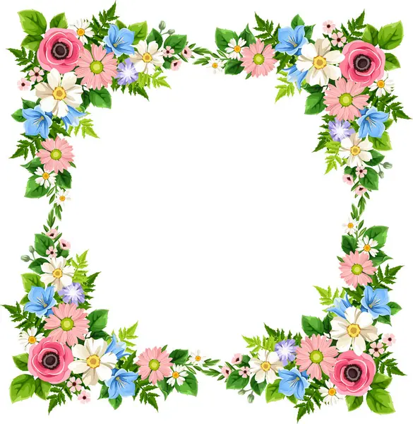 Pembe, beyaz, mavi, mor ve yeşil yapraklı çiçek deseni. Vektör selamlaması veya davet kartı tasarımı