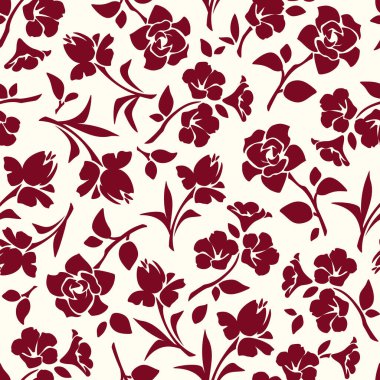 Çiçekli, kusursuz çiçek deseni. Açık sarı arkaplanda kırmızı çiçek deseni var. Vektör çiçek izi