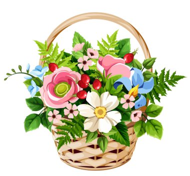 Pembe, beyaz, mavi çiçekler ve sepetteki yeşil yapraklar. Arka planda izole edilmiş renkli yabani çiçekler. Vektör illüstrasyonu