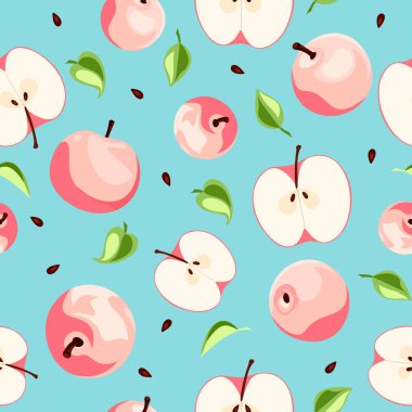 Pembe elmalar, yapraklar ve tohumlarla kusursuz bir desen. Vektör meyve izi