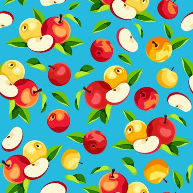 Kırmızı ve sarı elmalı ve yeşil yapraklı kusursuz desenli mavi arkaplan. Vektör meyve izi
