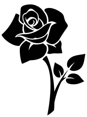 Gül çiçeği. Beyaz arka planda izole edilmiş bir sapı olan siyah bir gül silueti. Vektör illüstrasyonu