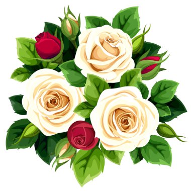 Bir buket beyaz gül, kırmızı gül tomurcukları ve yeşil yapraklar. Beyaz arka planda izole gül çiçekleri. Vektör illüstrasyonu