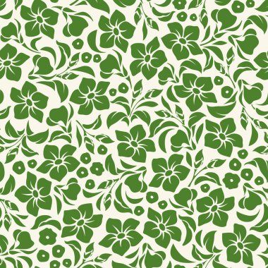Çiçekler ve yapraklarla kusursuz desen. Açık sarı arka planda yeşil çiçek deseni. Vektör çiçek izi
