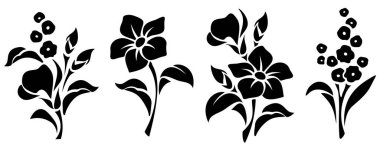 Çiçekler. Beyaz arka planda izole edilmiş siyah çiçek siluetleri. Çiçeklerin vektör şablonları