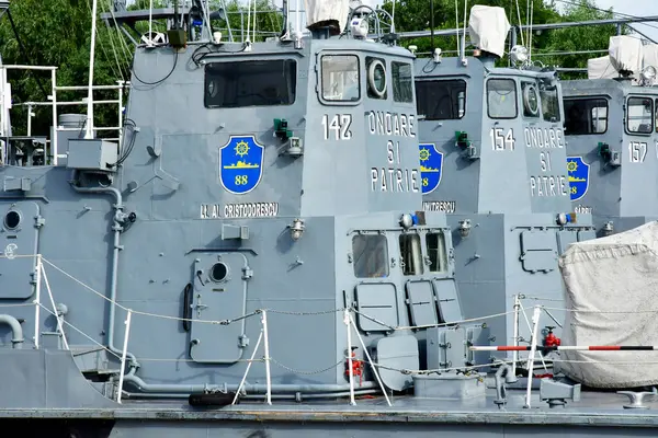 Tulcea Roménia Julho 2023 Barco Militar Pitoresca Margem Rio — Fotografia de Stock