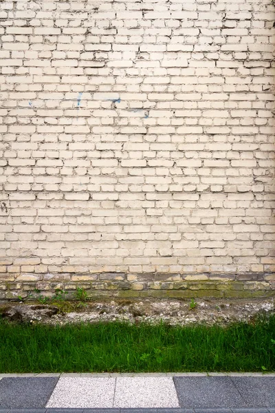 Witte Bakstenen Muur Achtergrond Met Groen Gras — Stockfoto