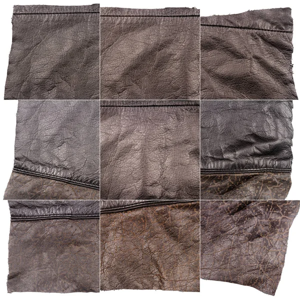 Collection Brown Leather Textures Isolated White Background Rough Uneven Edges — Stockfoto