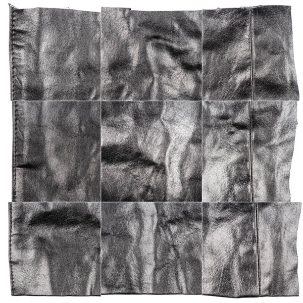 Collectie Van Zwarte Lederen Texturen Geïsoleerd Witte Achtergrond Ruwe Oneffen — Stockfoto