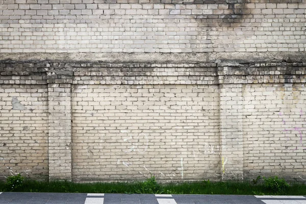 緑の芝生の白いレンガの壁の背景 — ストック写真