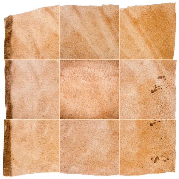 白い背景に隔離された茶色の革のテクスチャのコレクション 凹凸のあるエッジ 革のテクスチャの正方形の複合画像 — ストック写真