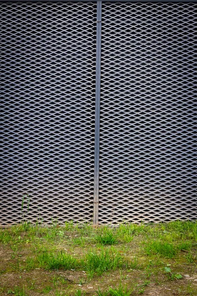 Griglia Ferro Muro Erba Verde Dettaglio Architettura Sfondo — Foto Stock